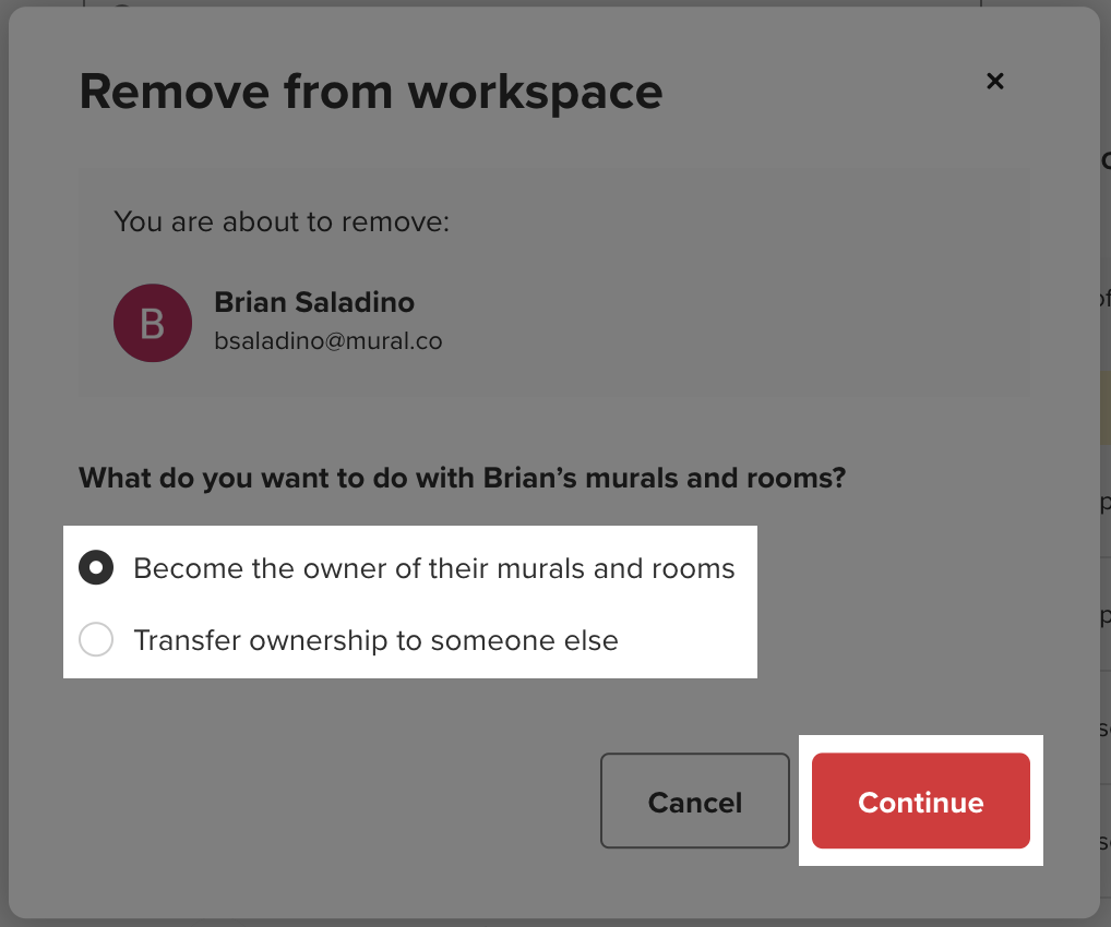 Transfer ownership of a workspace member's content