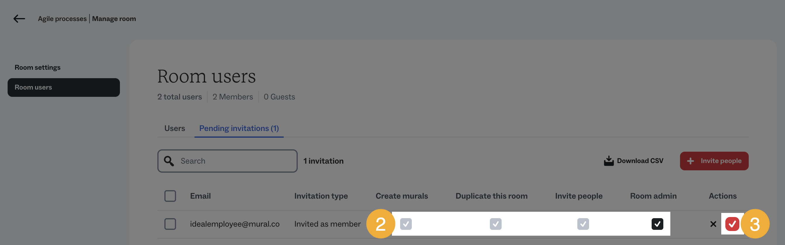 View, change, or revoke pending email invitations to a room