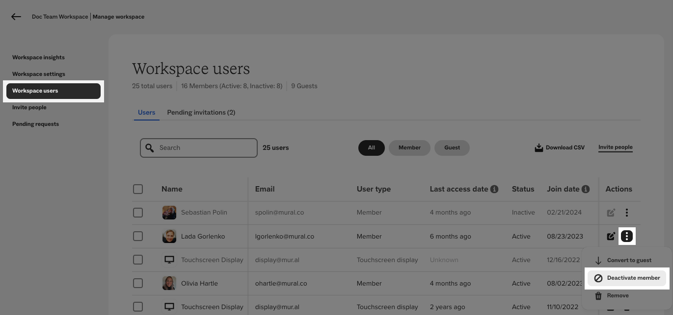 Deactivate and reactivate users from a workspace